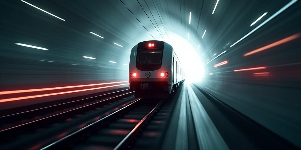 a train is speeding down the tracks in a tunnel with a bright light coming from behind it and a blur