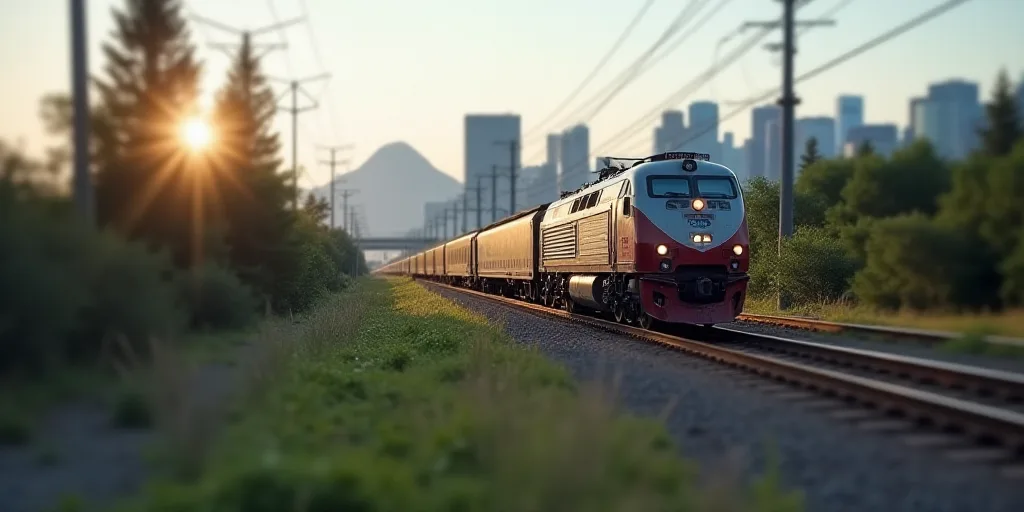 a train traveling down tracks near a city with tall buildings and trees in the background, with a mo