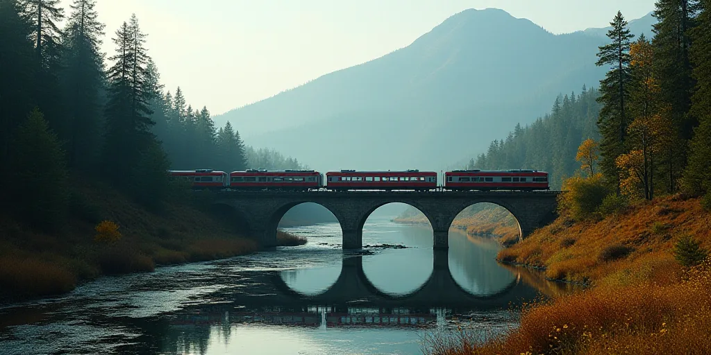 a train traveling over a bridge over a river next to a forest filled with trees and bushes with a mo