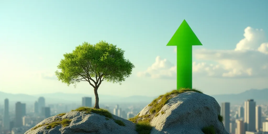 a tree growing from a rock with a city in the background and a green arrow pointing upward in the ai