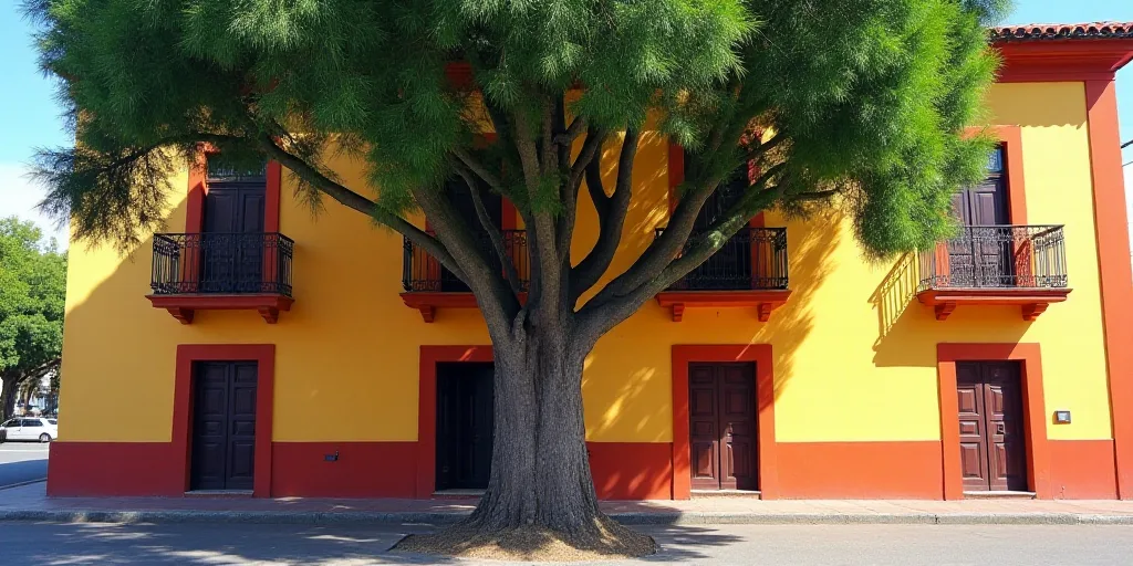 a tree is in front of a building with a balcony and balconies on the second floor of the building, C