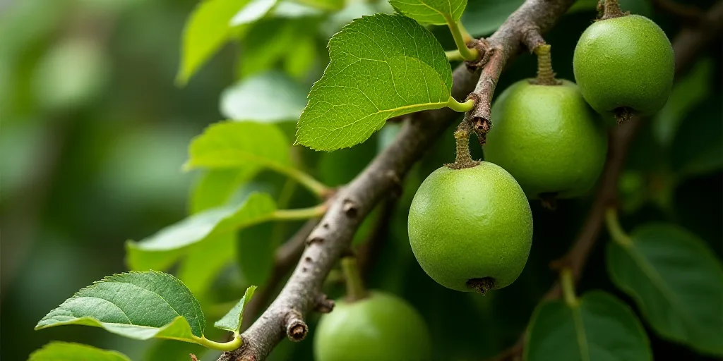 a tree with many green fruits growing on it's branches and leaves in the background, with a few gree