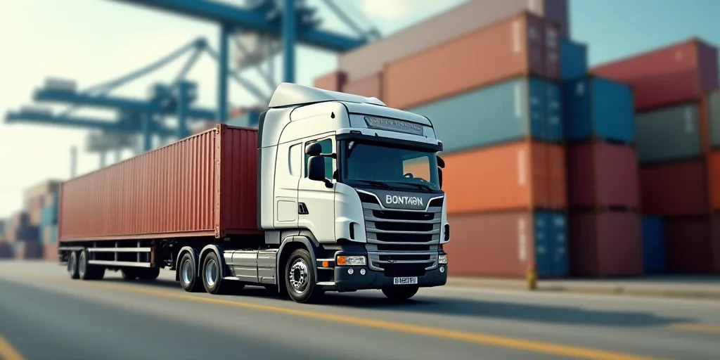 a truck and a semi truck are parked in front of a large stack of shipping containers in a harbor, El