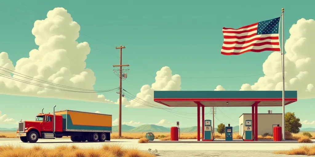 a truck is parked at a gas station with an american flag flying in the background and a gas station