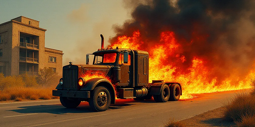 a truck that is on fire on a road with a building in the background and a lot of fire burning, David