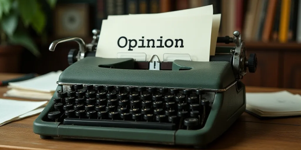 a typewriter with a lot of papers on it and a caption that says opinion on it in spanish, Edward Oth