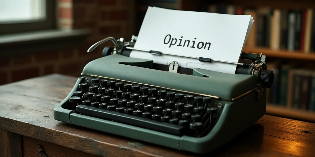 a typewriter with a lot of papers on it and a caption that says opinion on it in spanish, Edward Oth