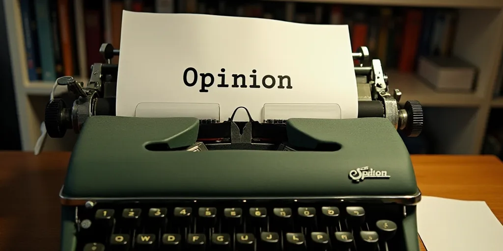 a typewriter with a lot of papers on it and a caption that says opinion on it in spanish, Edward Oth