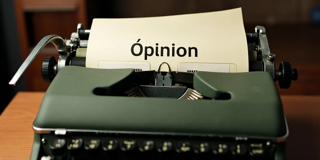 a typewriter with a lot of papers on it and a caption that says opinion on it in spanish, Edward Oth