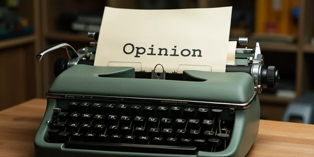 a typewriter with a lot of papers on it and a caption that says opinion on it in spanish, Edward Oth