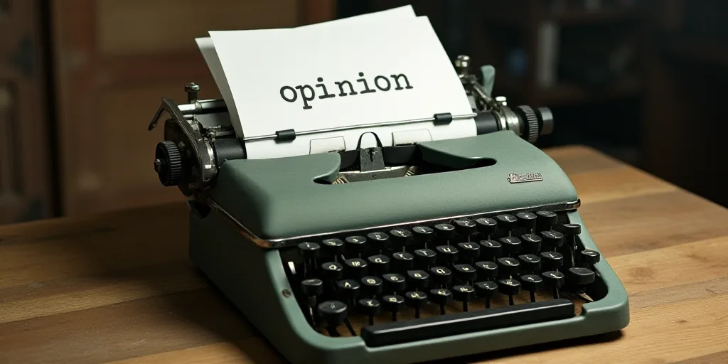 a typewriter with a lot of papers on it and a caption that says opinion on it in spanish, Edward Oth