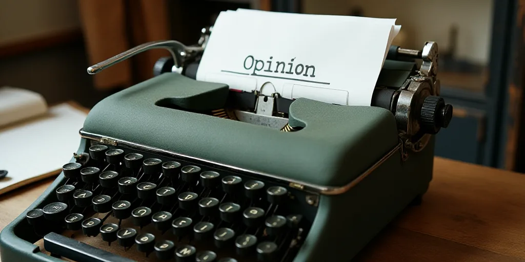 a typewriter with a lot of papers on it and a caption that says opinion on it in spanish, Edward Oth