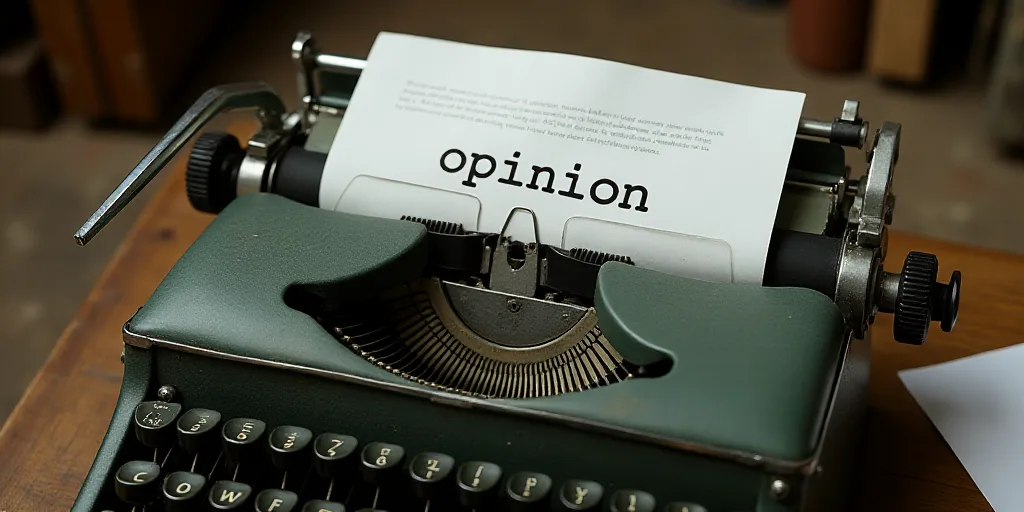 a typewriter with a lot of papers on it and a caption that says opinion on it in spanish, Edward Oth