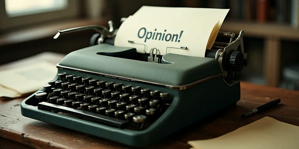 a typewriter with a lot of papers on it and a caption that says opinion on it in spanish, Edward Oth