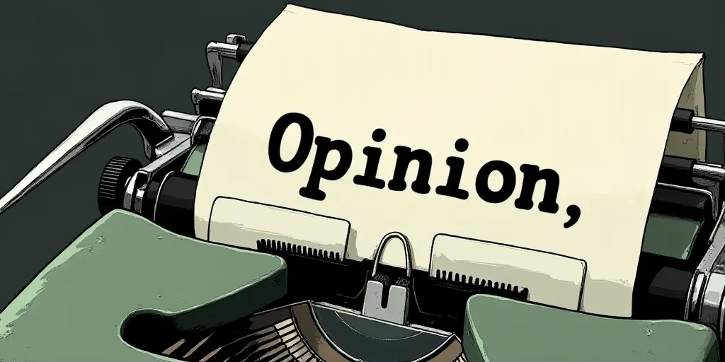 a typewriter with a lot of papers on it and the words opinion written in black and white on the top,