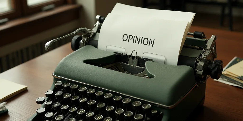 a typewriter with a lot of papers on it and a caption that says opinion on it in spanish, Edward Oth
