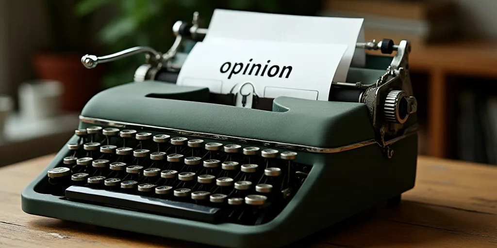 a typewriter with a lot of papers on it and a caption that says opinion on it in spanish, Edward Oth