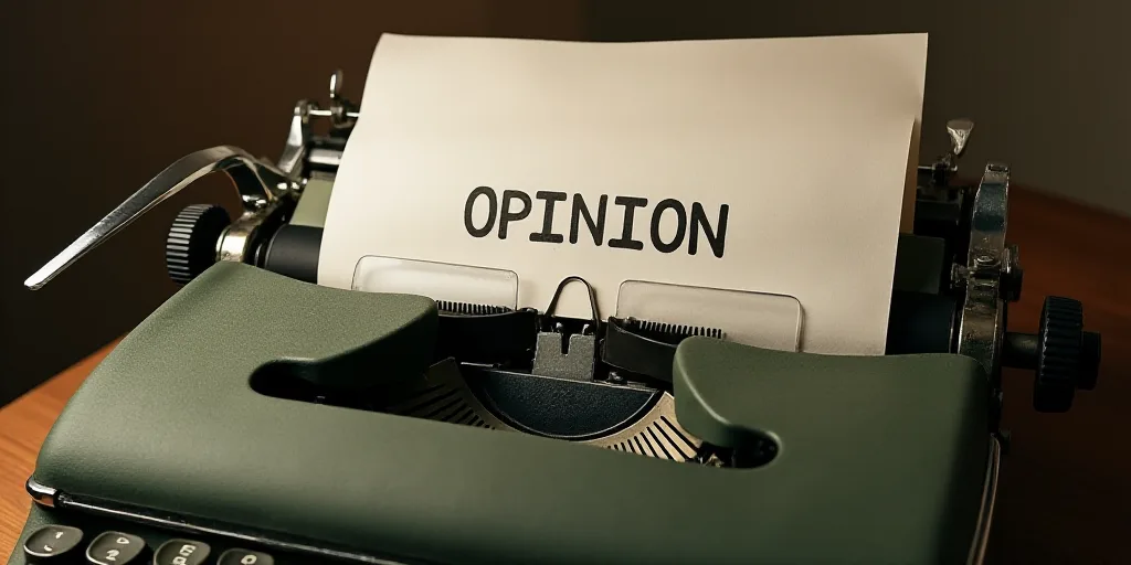 a typewriter with a lot of papers on it and a caption that says opinion on it in spanish, Edward Oth