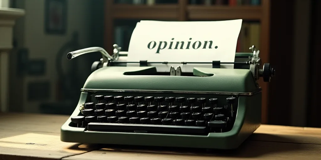 a typewriter with a lot of papers on it and a caption that says opinion on it in spanish, Edward Oth