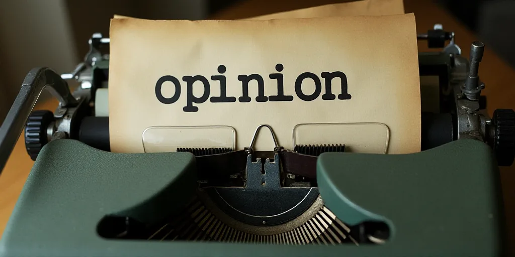 a typewriter with a lot of papers on it and a caption that says opinion on it in spanish, Edward Oth