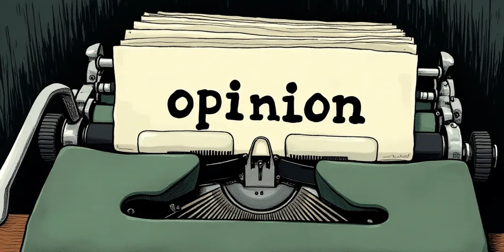 a typewriter with a lot of papers on it and the words opinion written in black and white on the top,