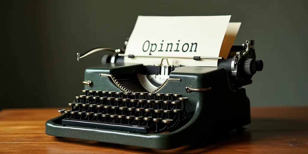 a typewriter with a lot of papers on it and a caption that says opinion on it in spanish, Edward Oth