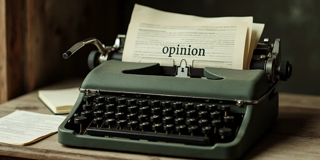 a typewriter with a lot of papers on it and a caption that says opinion on it in spanish, Edward Oth