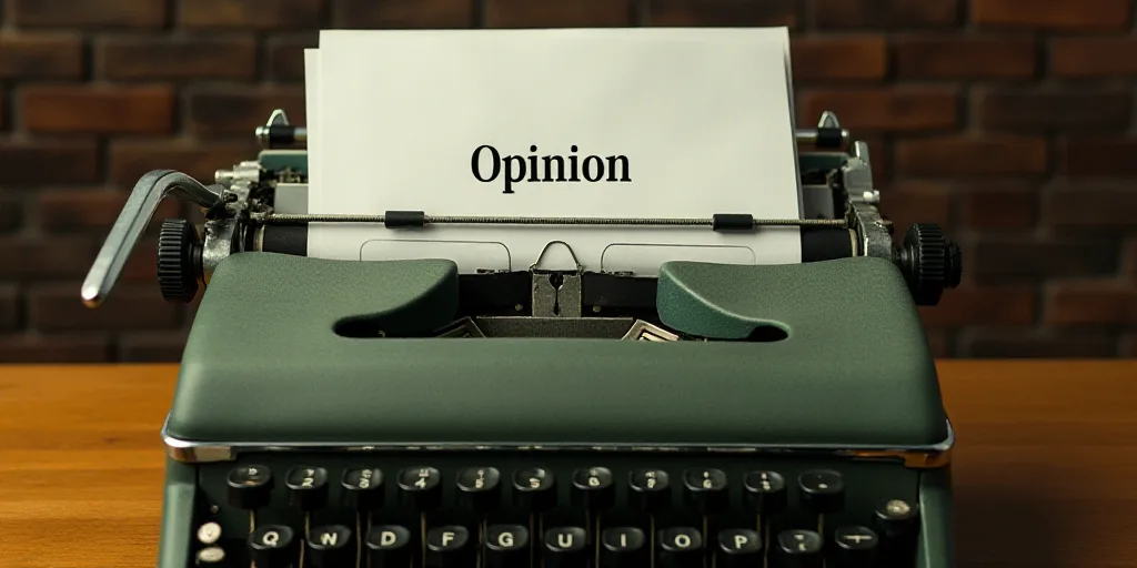 a typewriter with a lot of papers on it and a caption that says opinion on it in spanish, Edward Oth