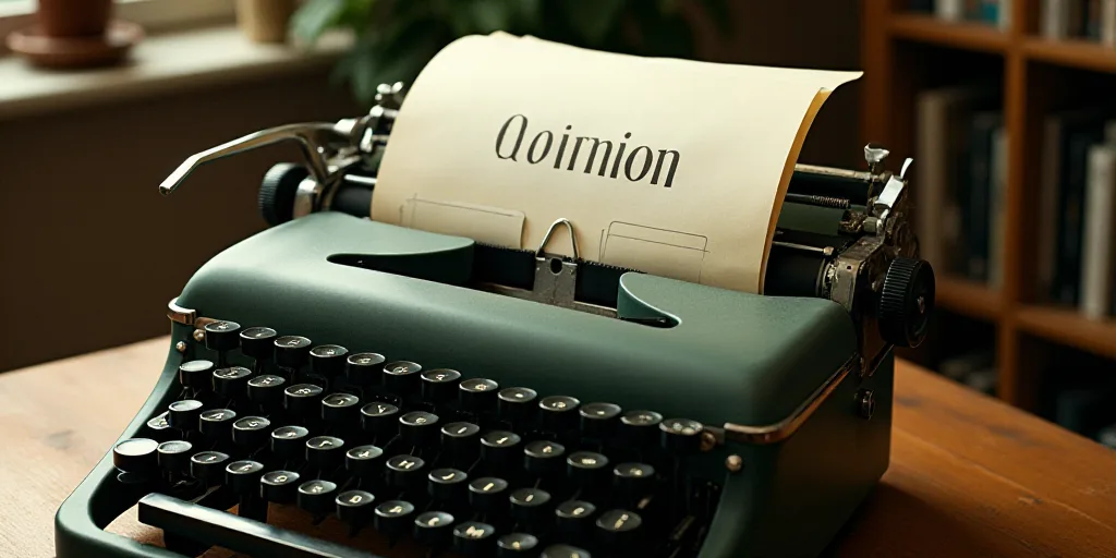 a typewriter with a lot of papers on it and a caption that says opinion on it in spanish, Edward Oth