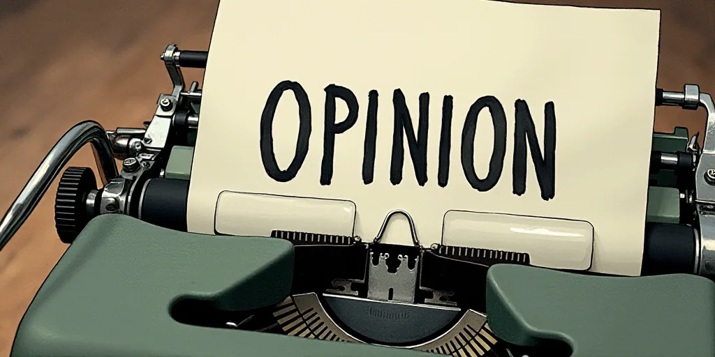 a typewriter with a lot of papers on it and the words opinion written in black and white on the top,