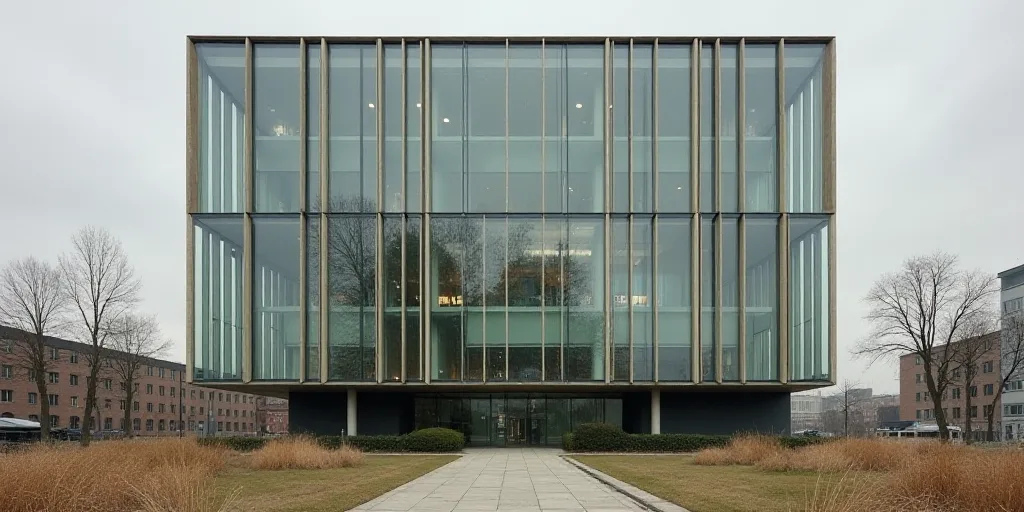 a very tall building with a very tall glass front window and a sign that says into building on the s
