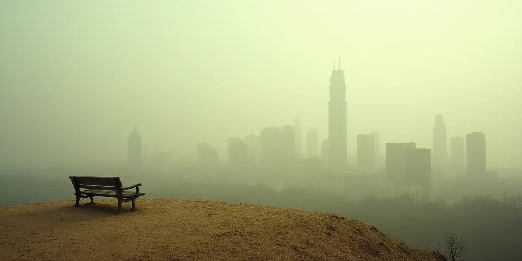a view of a city from a hill with a bench on top of it and a foggy sky, Chris LaBrooy, dust, a matte