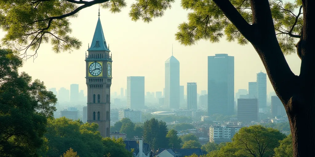 a view of a city with tall buildings and a clock tower in the foreground, and a tree in the foregrou