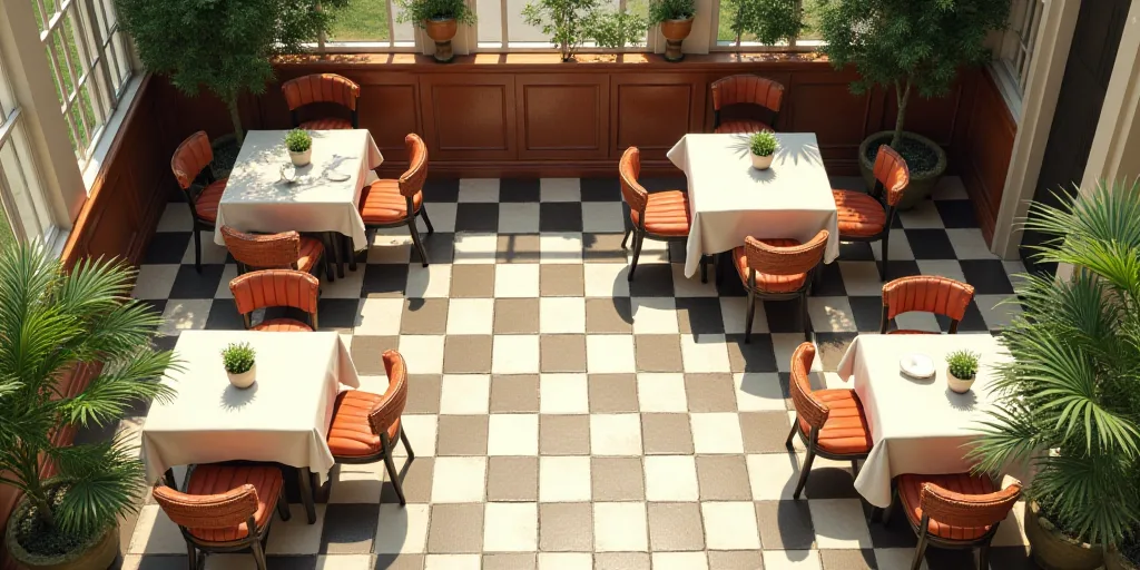 a view of a restaurant from above with a checkered floor and green plants on the tables and chairs,