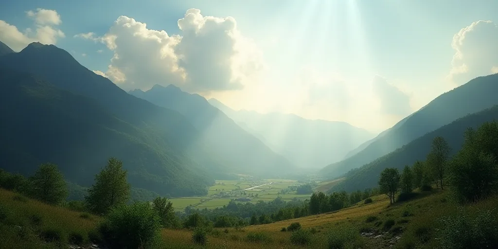 a view of a valley with mountains in the background and a sunbeam in the sky above it, with a few cl