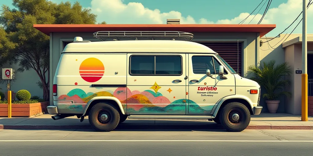 a white van parked in front of a building with a mural on it's side and a sign that says turismo, Ed