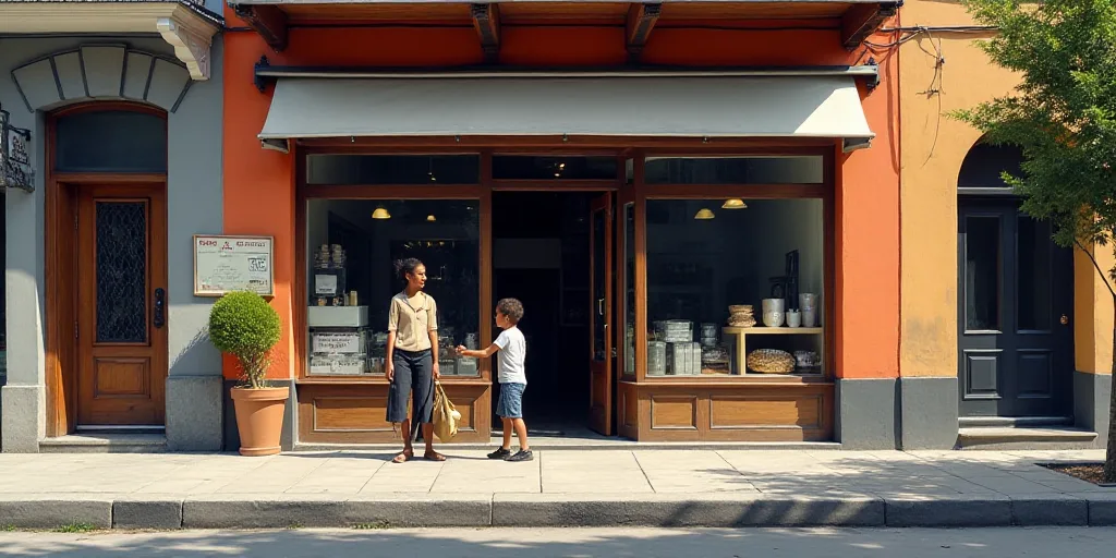 a woman and a child are outside of a store on a city street corner with a store front and a sidewalk