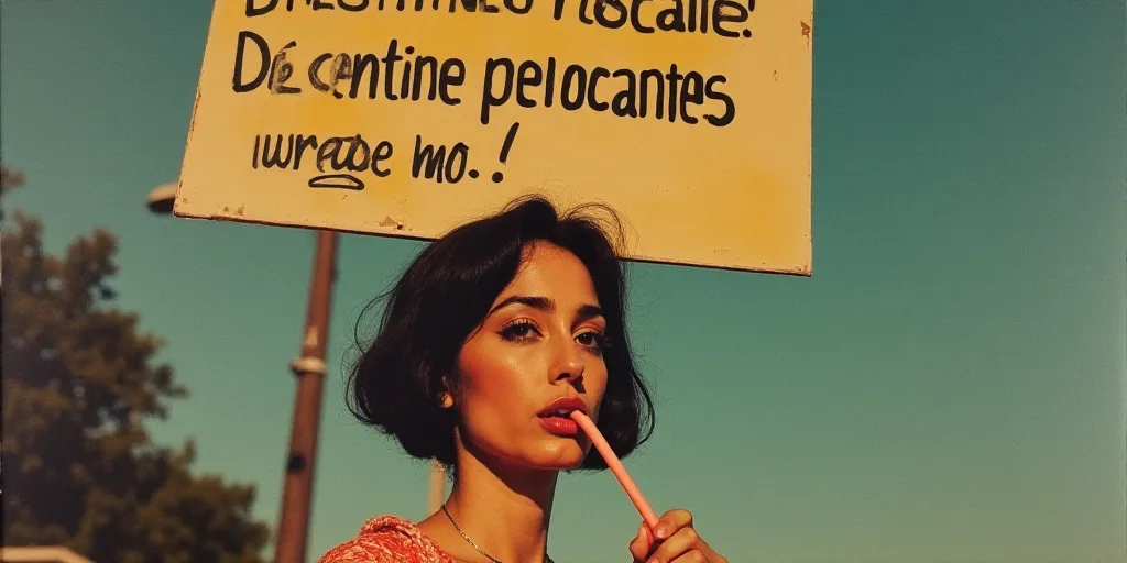 a woman drinking from a straw in her mouth with a sign above her head reading'contine pelocantes no