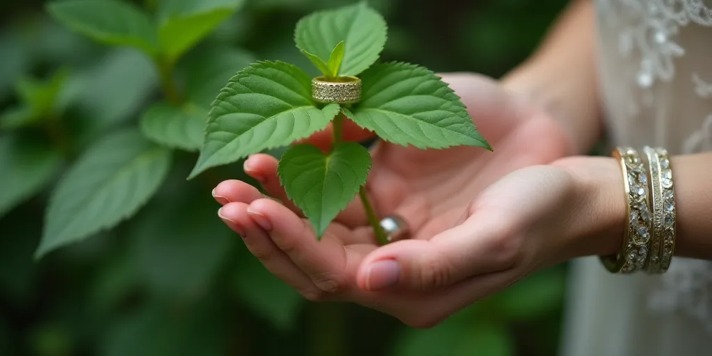 a woman holding a plant with a wedding ring on it's finger and a wedding band on her wrist, Basuki A