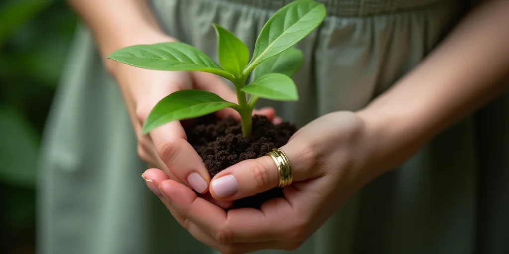 a woman holding a plant with a wedding ring on it's finger and a wedding band on her wrist, Basuki A