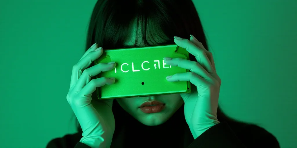 a woman in a black jacket and white gloves holding a green piece of electronic equipment in front of