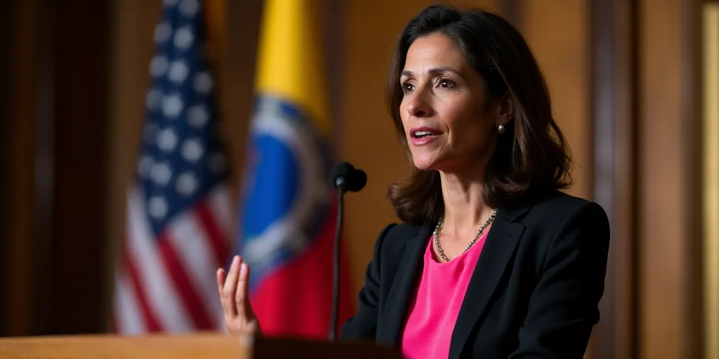 a woman in a black jacket and pink shirt is speaking at a podium with a flag behind her and a flag b