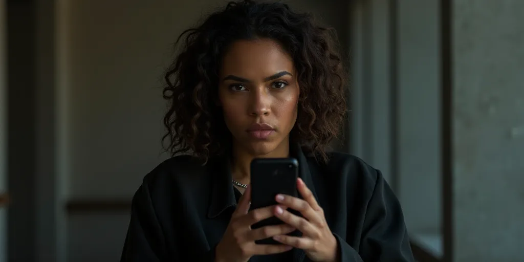 a woman in a black jacket is holding a cell phone in her hands and looking at the camera with a seri
