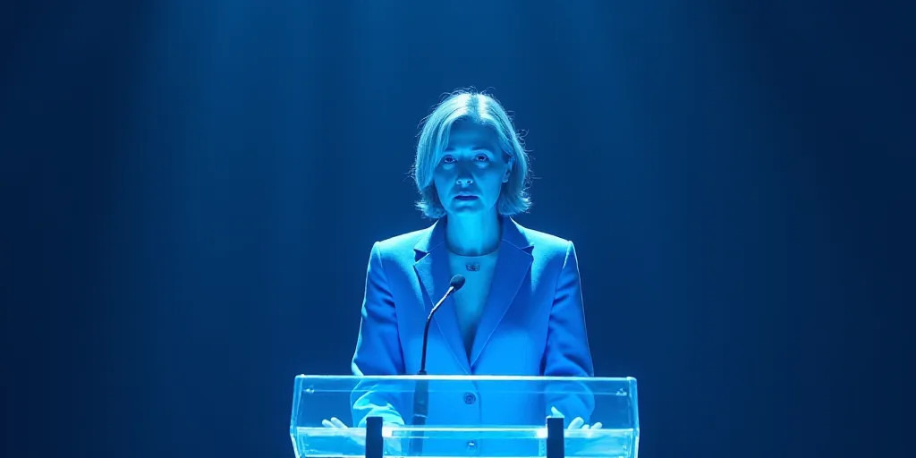 a woman in a blue suit speaking at a podium with a microphone in front of her and a blue background,