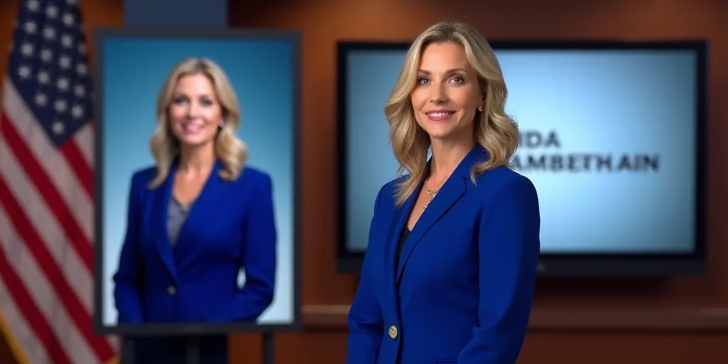 a woman in a blue suit standing in front of a flag and a television screen with a woman in a blue su