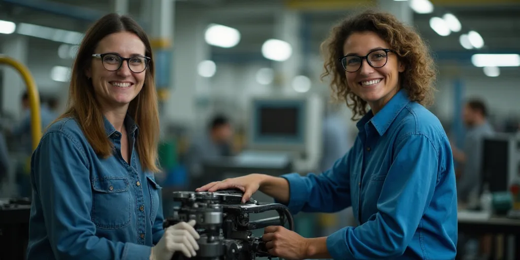 a woman in a factory with a machine and a woman in a blue shirt and glasses are smiling at the camer