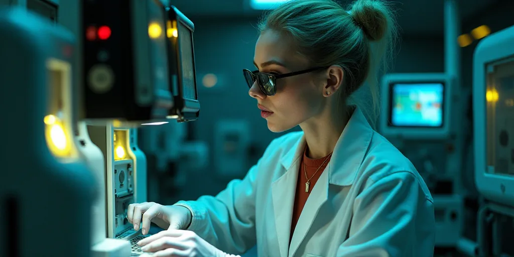 a woman in a lab coat and gloves working on a device with a yellow light on it's side, Dahlov Ipcar,