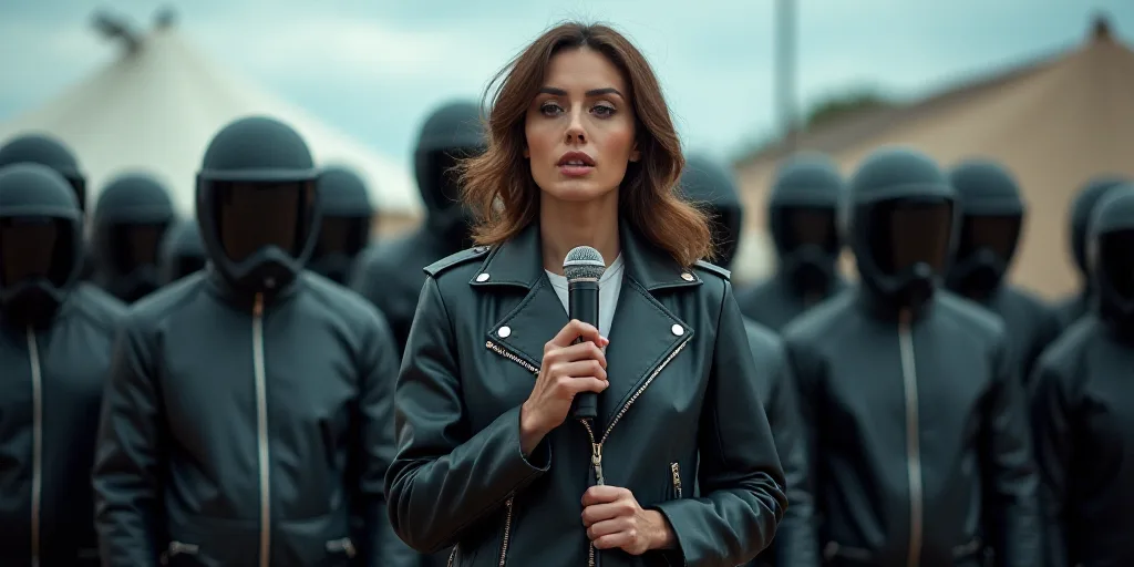 a woman in a leather jacket holding a microphone in front of a group of people wearing helmets and s