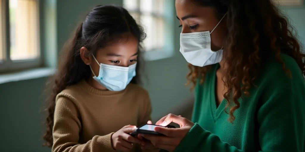 a woman in a mask is showing a girl something on her phone while wearing a face mask and a green swe
