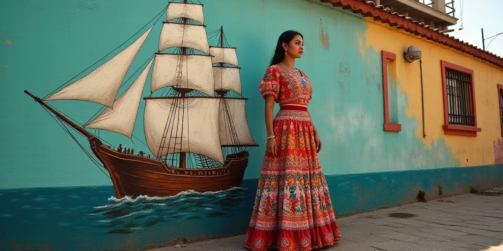 a woman in a mexican dress standing in front of a mural of a ship on the side of a building, Araceli